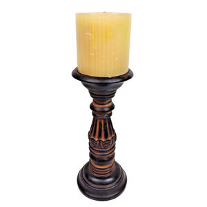 Vintage 12” Wooden Collectible Pillar Candlestick Holder with Carving, 4” Candle
